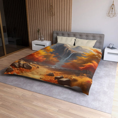 Red and Orange Autumn Leaves Landscape Duvet Cover | Cozy Fall Decor Seasonal Bedroom Update Nature-Inspired Bedding