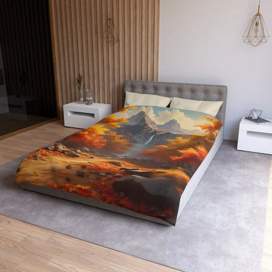 Red and Orange Autumn Leaves Landscape Duvet Cover | Cozy Fall Decor Seasonal Bedroom Update Nature-Inspired Bedding