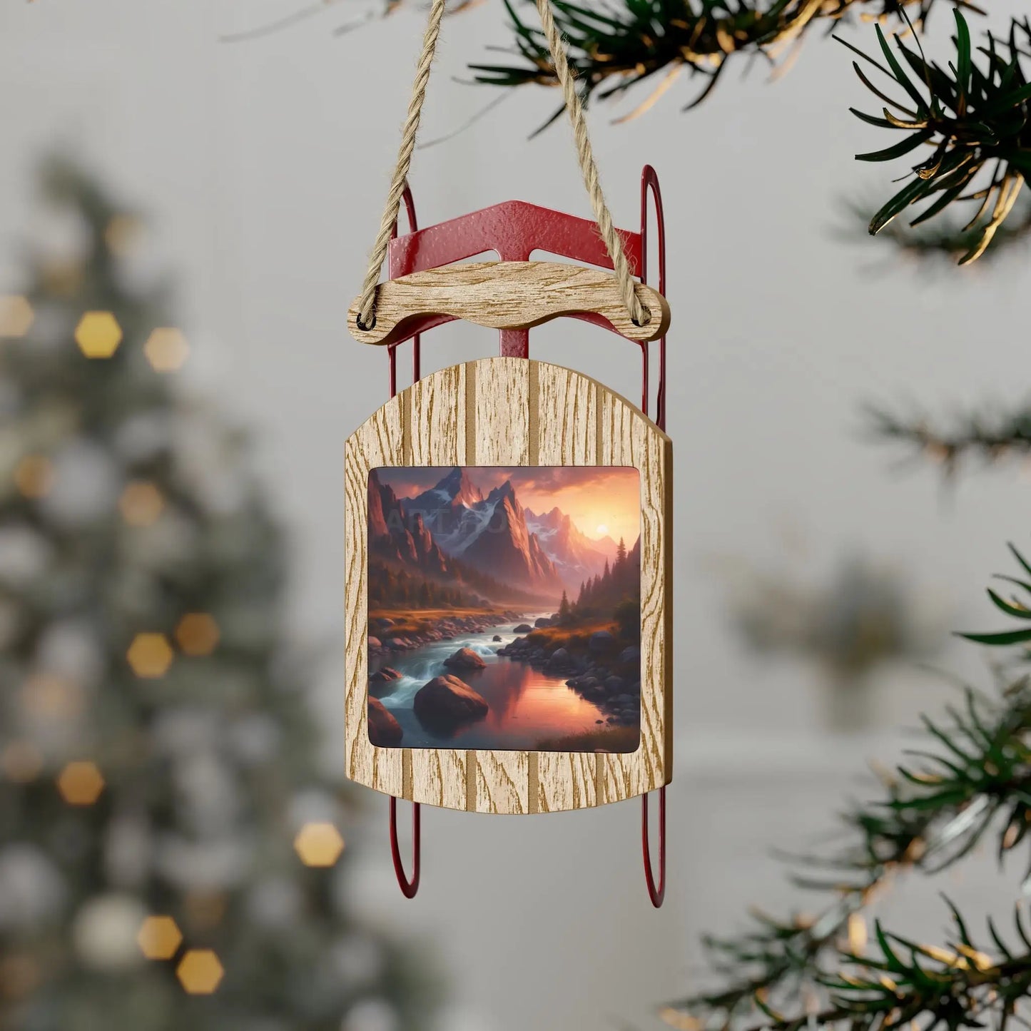 River in the Mountains Sled Ornament — Scenic Winter Sled Christmas Ornament - 2.1’’ × 4.6’’ / 1 pc - Home Decor