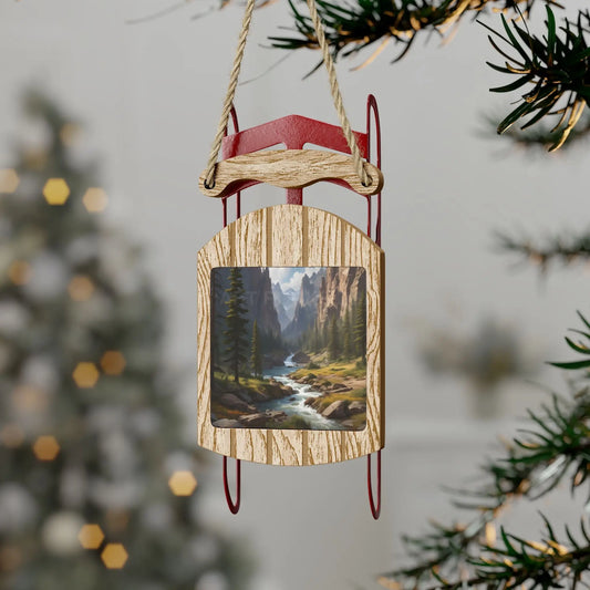 River in the Mountains Sled Ornament — Scenic Winter Sled Christmas Decoration - 2.1’’ × 4.6’’ / 1 pc - Home Decor