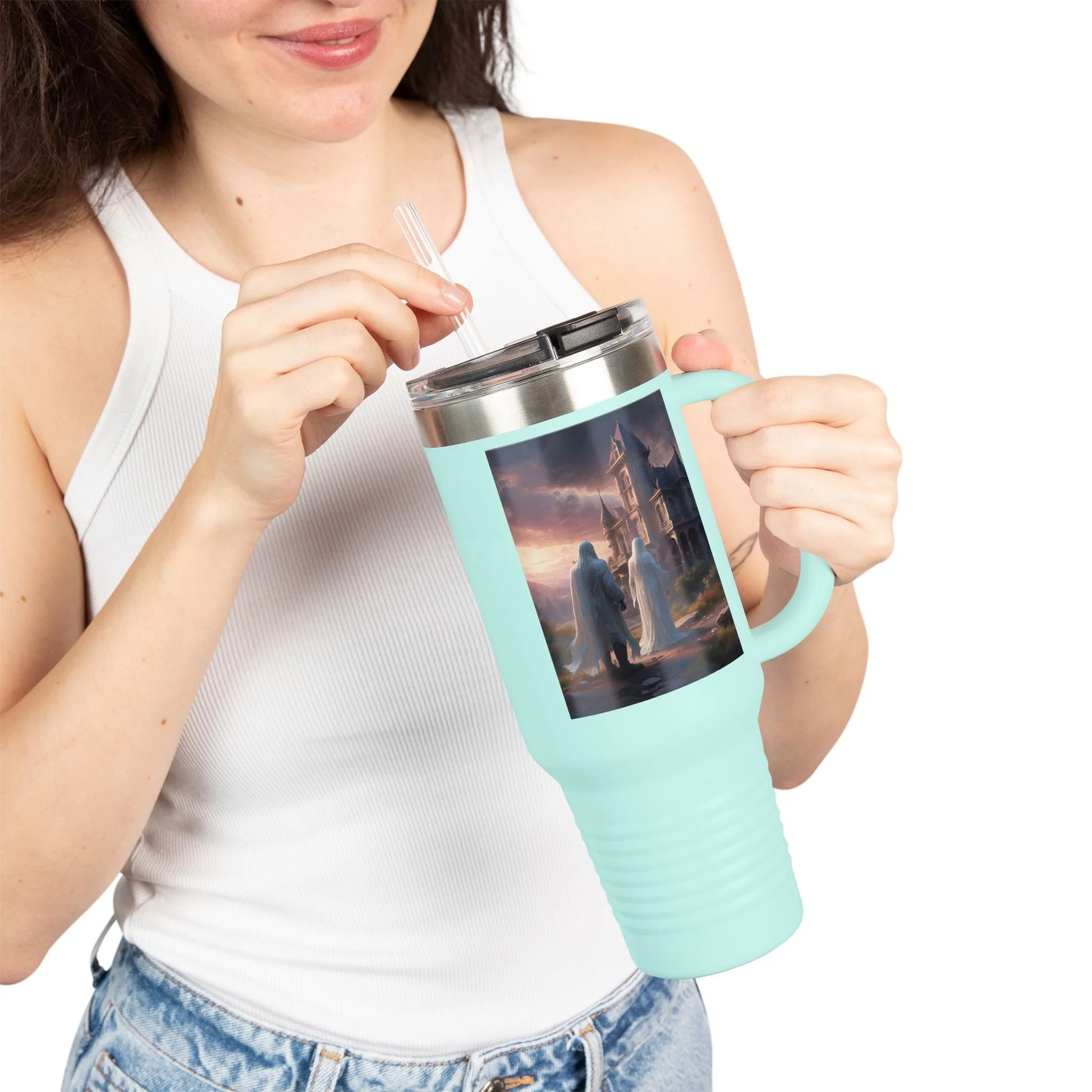 Romantic Ghosts Insulated Travel Mug 40oz - Adventure Awaits Perfect for Road Trips Coffee Lovers Unique Gift Idea