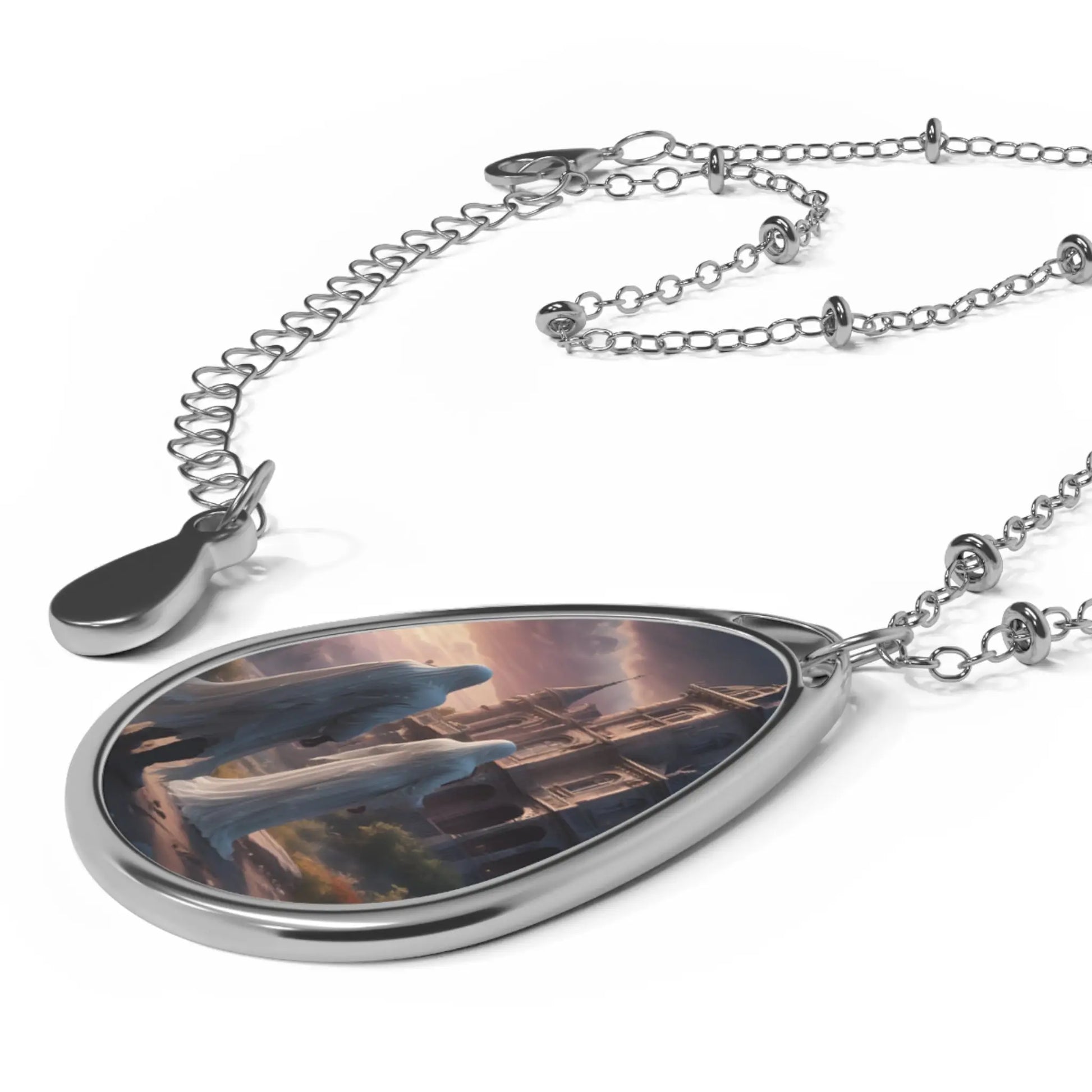 Romantic Gothic Oval Necklace — Couple at Ruins Teardrop Pendant - One Size / Silver - Accessories