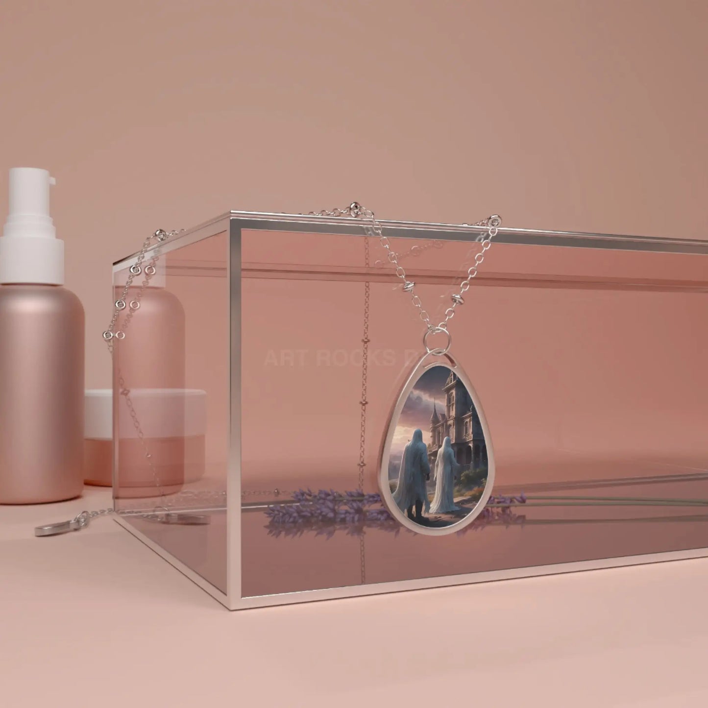 Romantic Gothic Oval Necklace — Couple at Ruins Teardrop Pendant - One Size / Silver - Accessories