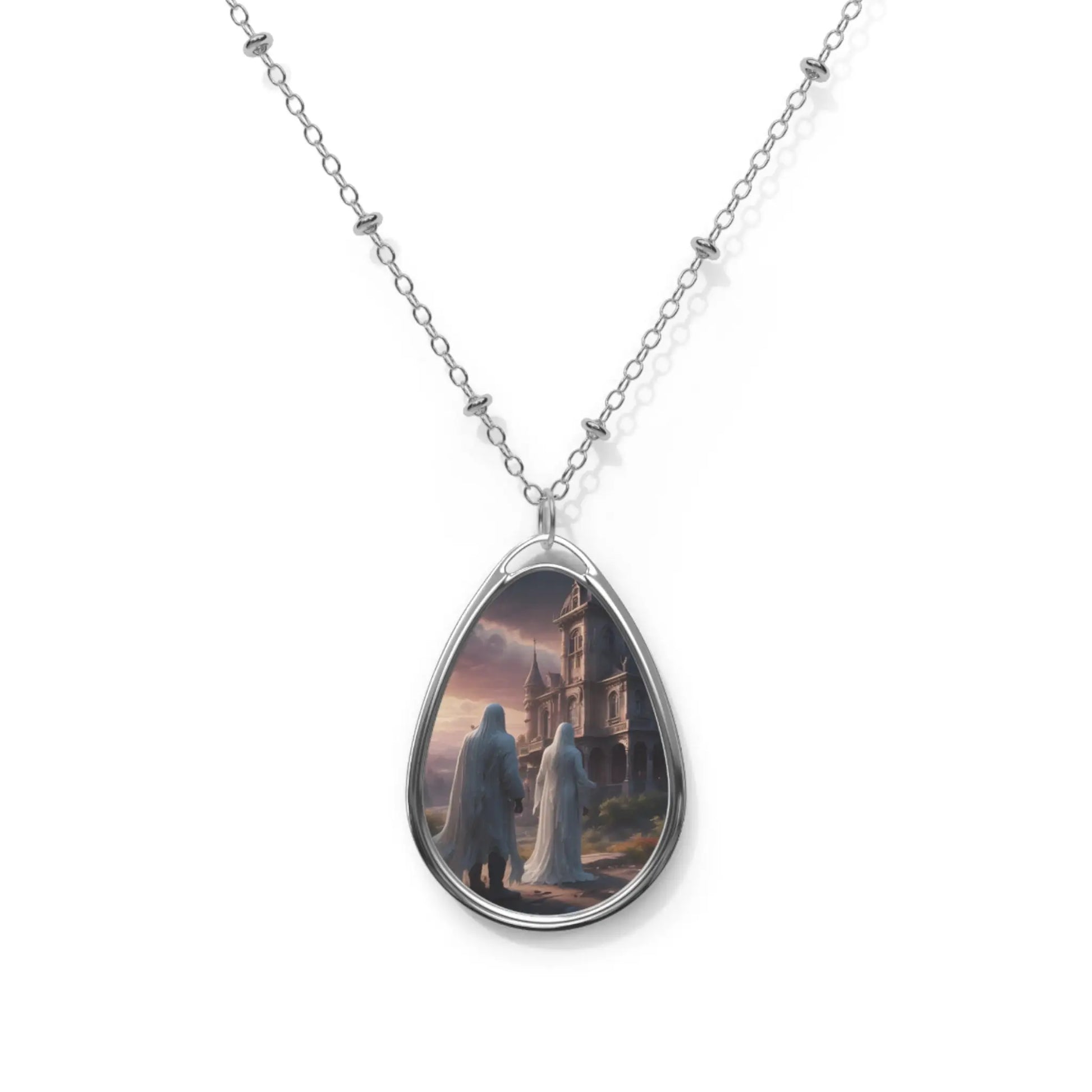 Romantic Gothic Oval Necklace — Couple at Ruins Teardrop Pendant - One Size / Silver - Accessories