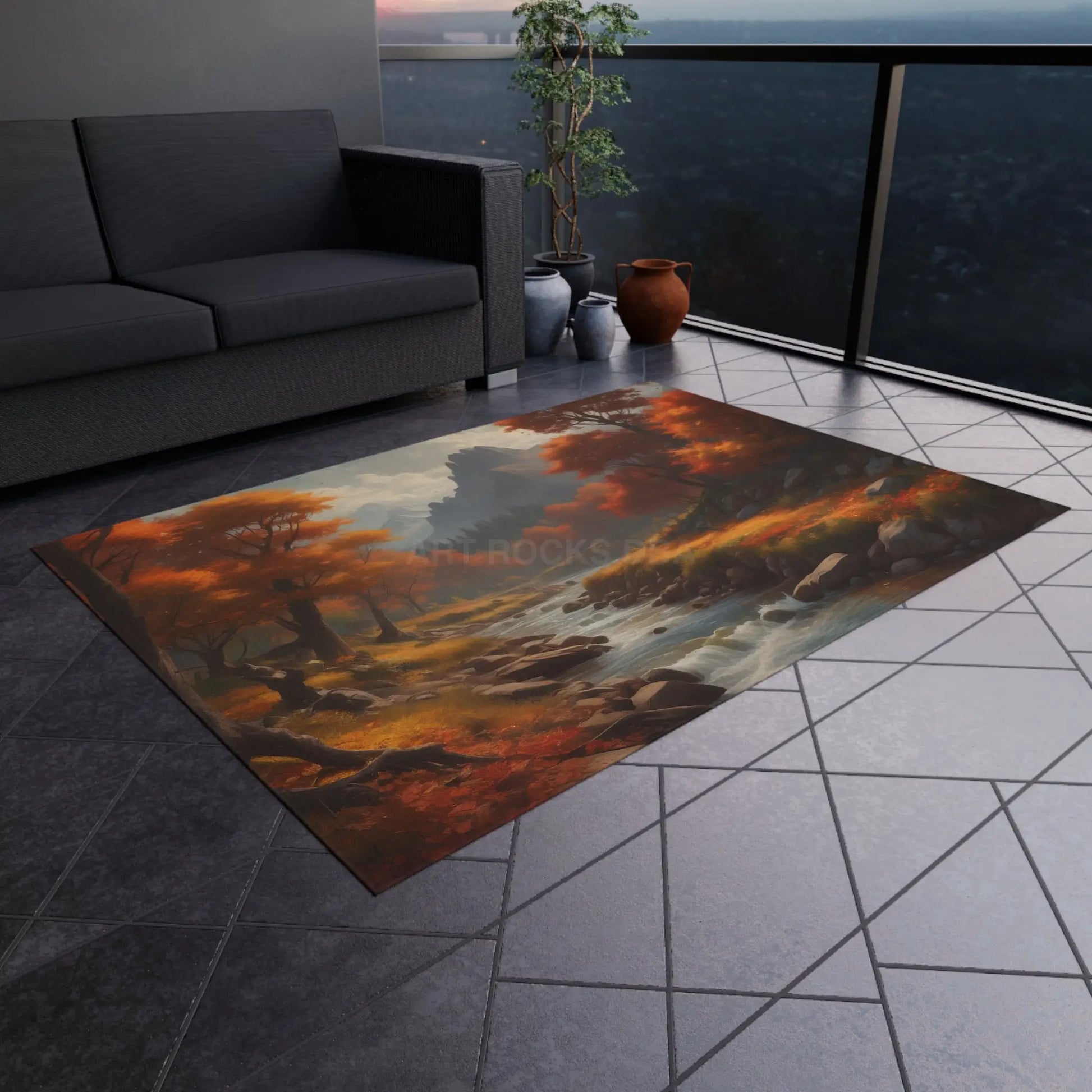 Rustic Autumn River Outdoor Rug with Scenic Autumn Design Outdoor Decor Patio Carpet Fall Vibes Nature-Themed Home