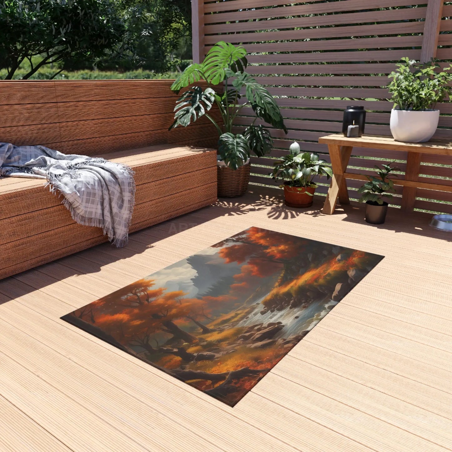 Rustic Autumn River Outdoor Rug with Scenic Autumn Design Outdoor Decor Patio Carpet Fall Vibes Nature-Themed Home