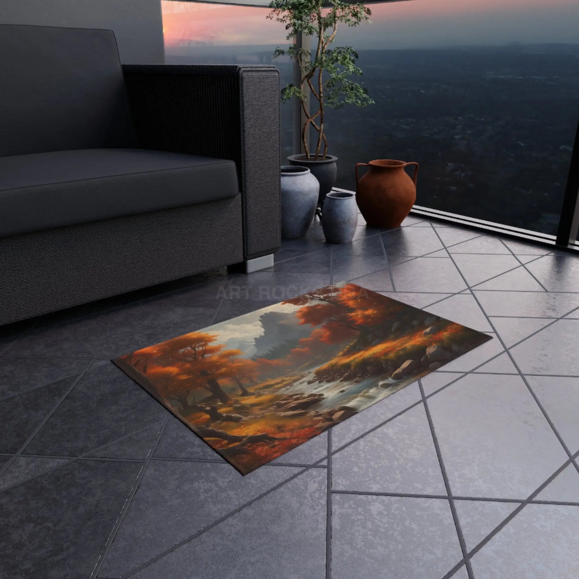 Rustic Autumn River Outdoor Rug with Scenic Autumn Design Outdoor Decor Patio Carpet Fall Vibes Nature-Themed Home