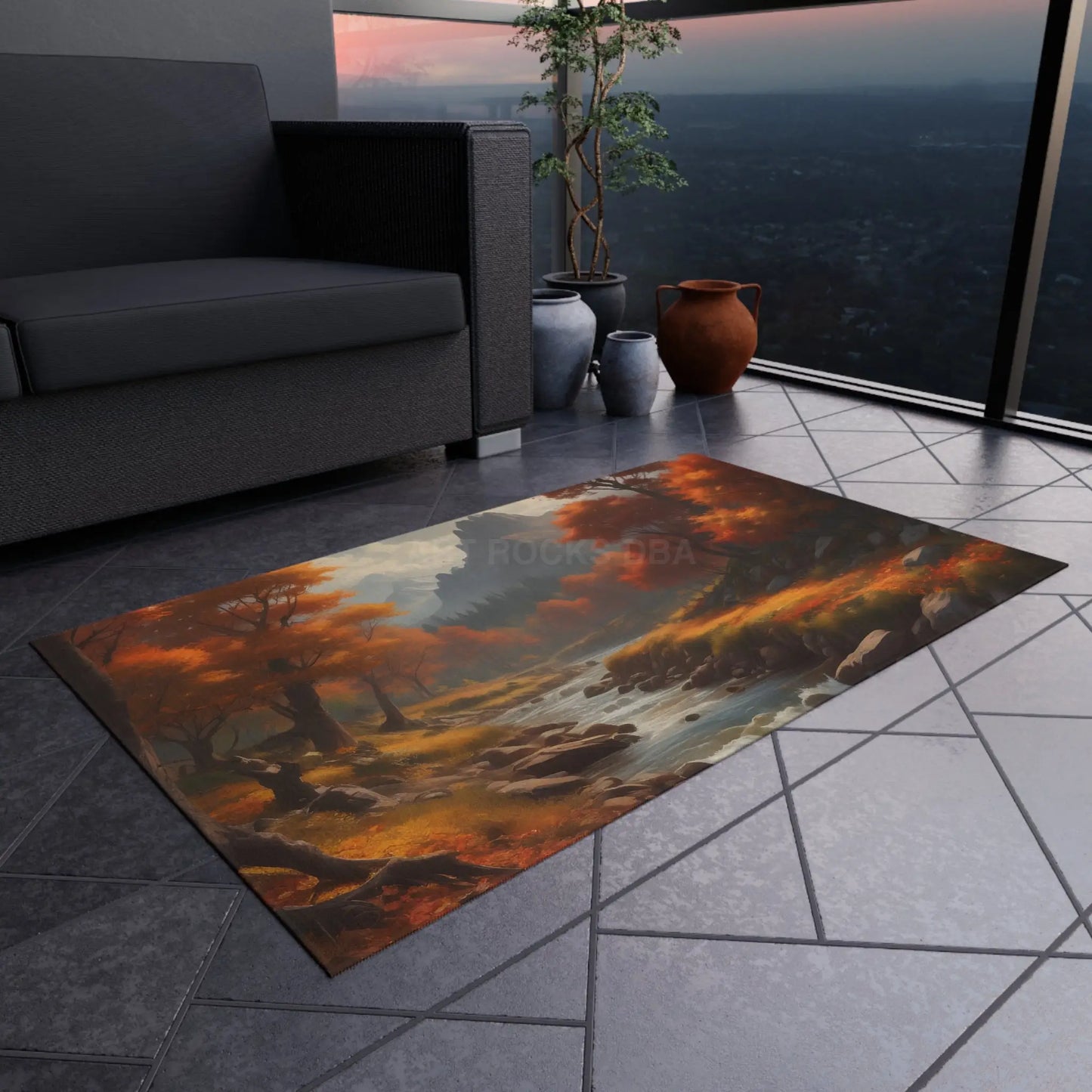 Rustic Autumn River Outdoor Rug with Scenic Autumn Design Outdoor Decor Patio Carpet Fall Vibes Nature-Themed Home