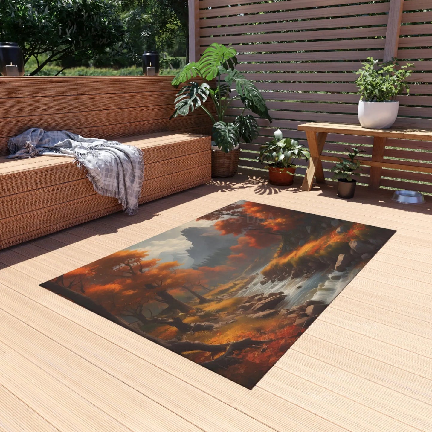 Rustic Autumn River Outdoor Rug with Scenic Autumn Design Outdoor Decor Patio Carpet Fall Vibes Nature-Themed Home