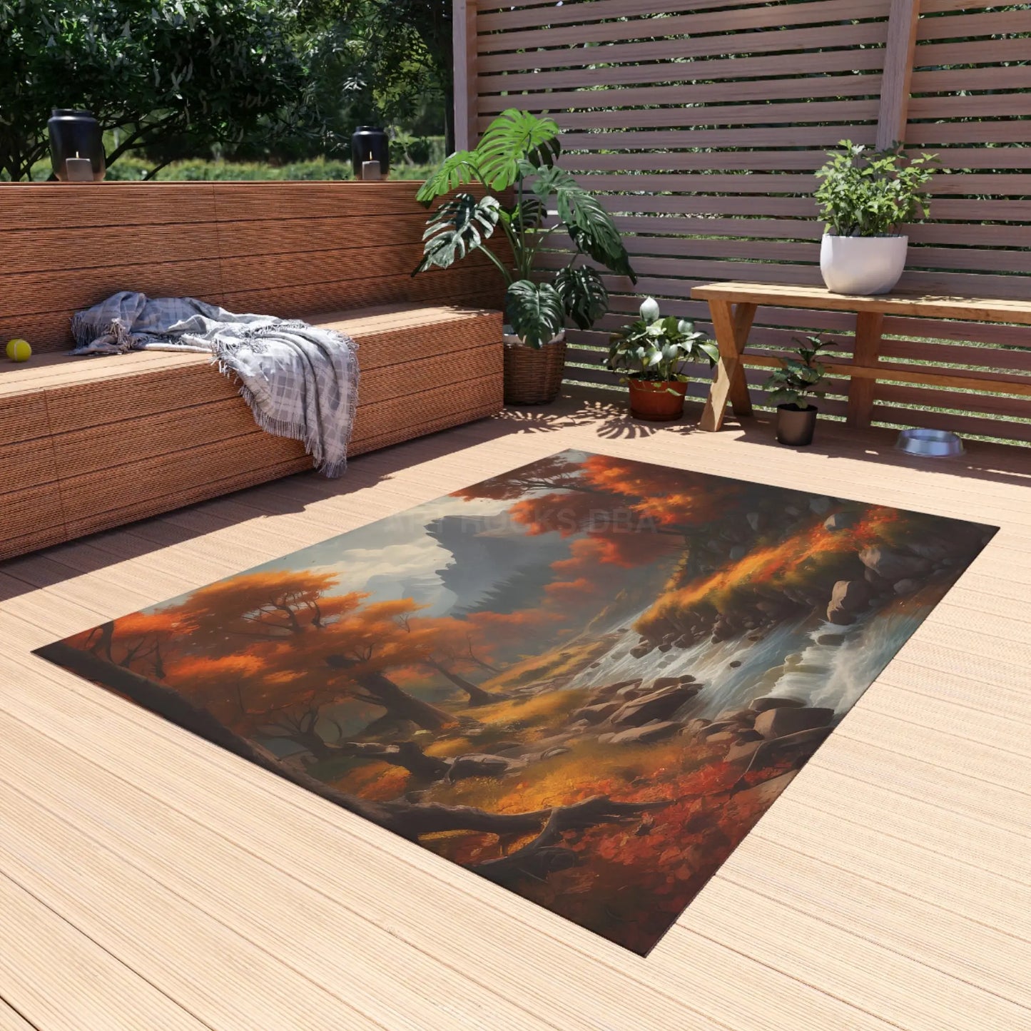 Rustic Autumn River Outdoor Rug with Scenic Autumn Design Outdoor Decor Patio Carpet Fall Vibes Nature-Themed Home
