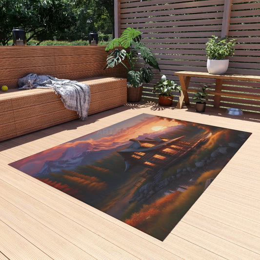 Scenic Cabin in The Mountains Outdoor Rug Cozy Cabin Decor Nature Inspired Rug Perfect for Patios & Porches Camping &