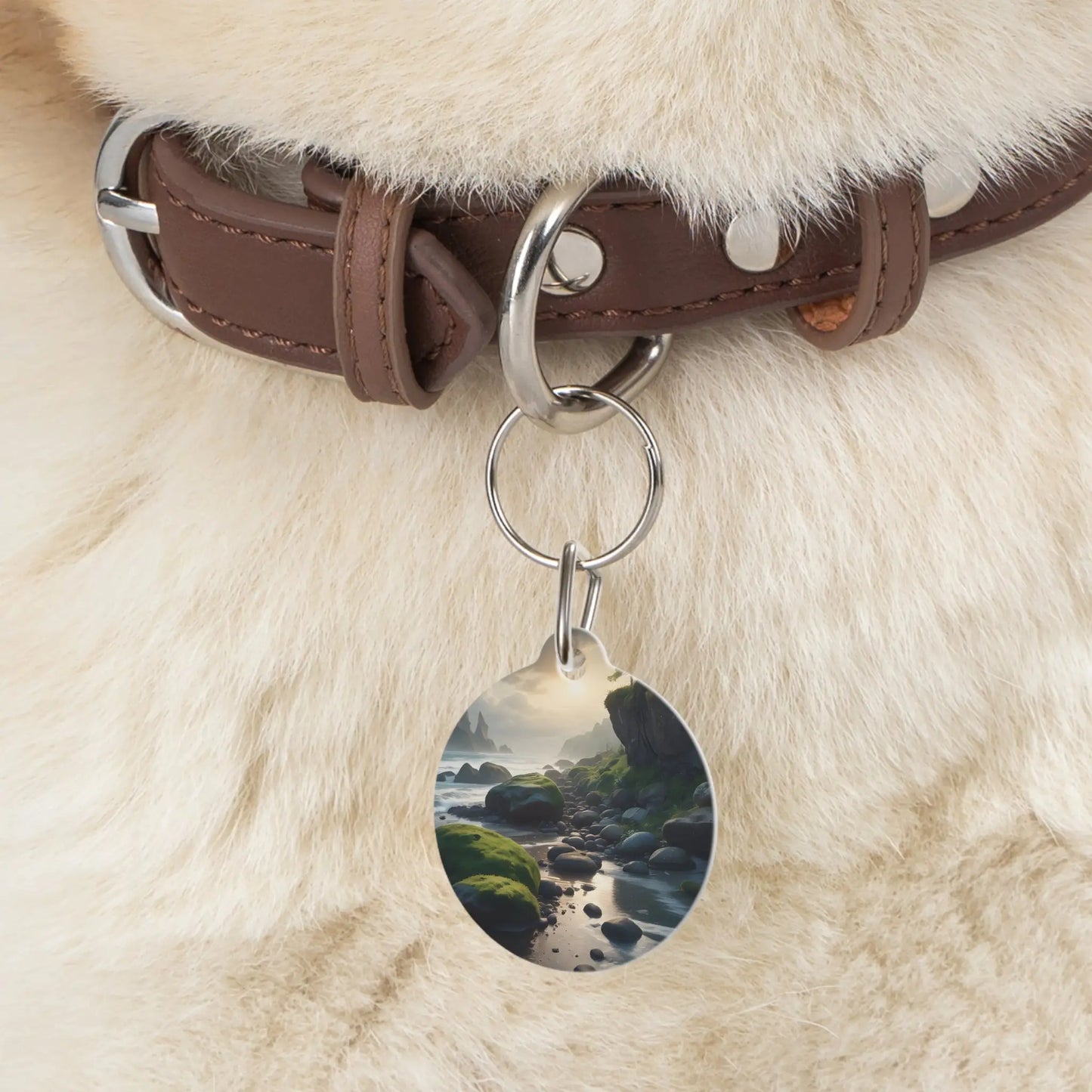 Scenic Coastal Pet Tag — Mossy Rocky Beach ID Tag - 1’’ - Pets