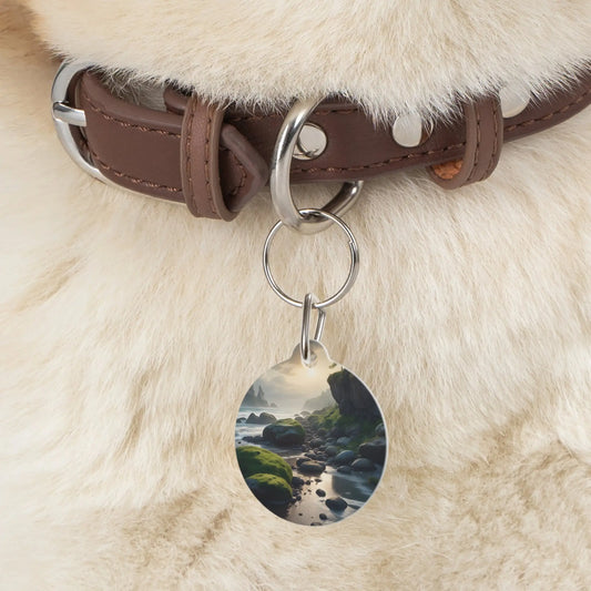 Scenic Coastal Pet Tag — Mossy Rocky Beach ID Tag - 1’’ - Pets