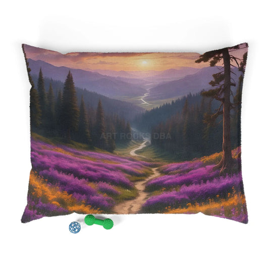 Scenic Lavender Meadow Pet Bed — Cozy Nature Print Dog & Cat Cushion - 50’’ × 40’’ - Pets
