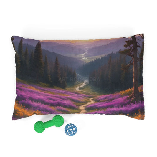 Scenic Lavender Meadow Pet Bed — Cozy Nature Print Dog & Cat Cushion - 28’’ × 18’’ - Pets