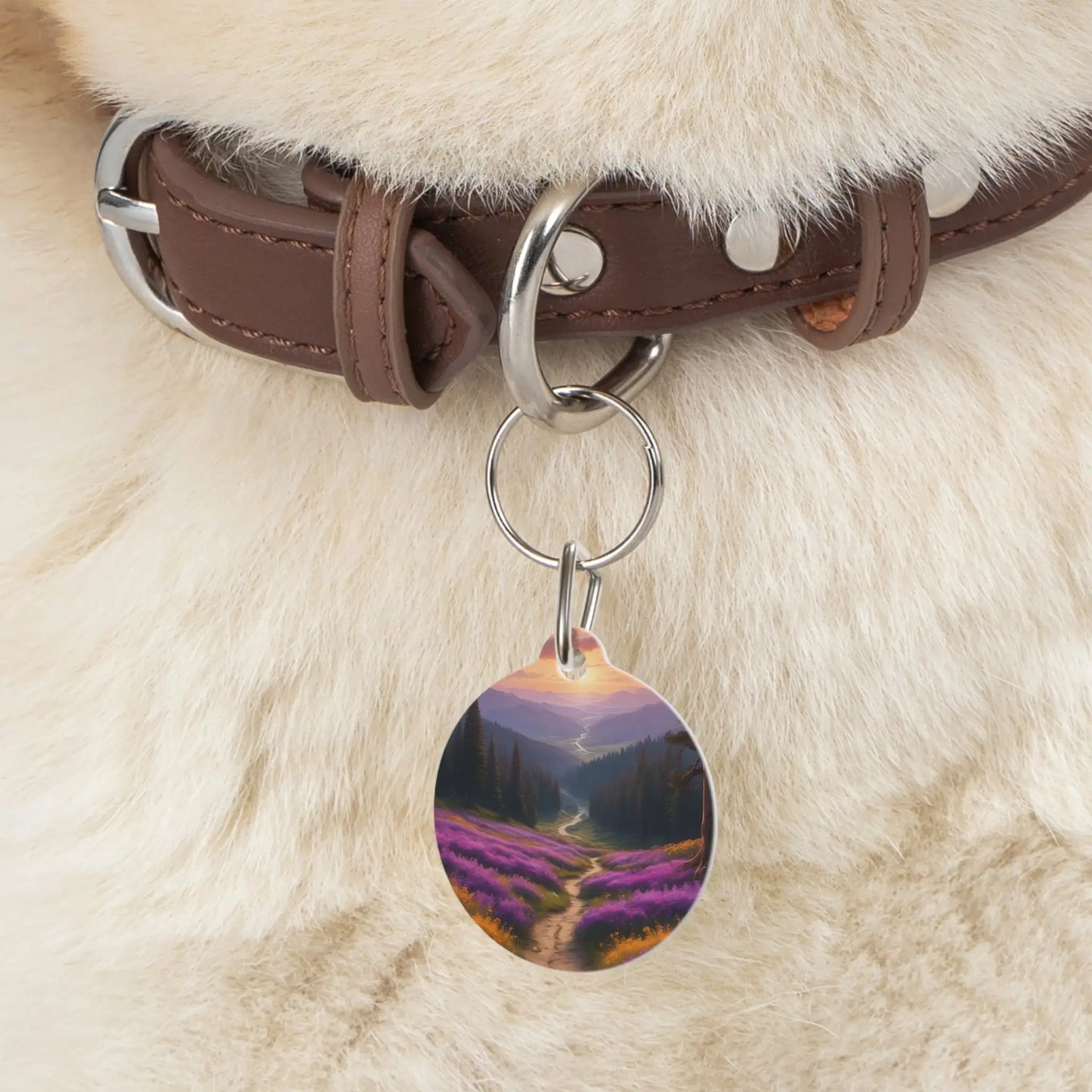 Scenic Lavender Trail Pet Tag — Mountain Sunrise Dog ID Tag - 1’’ - Pets