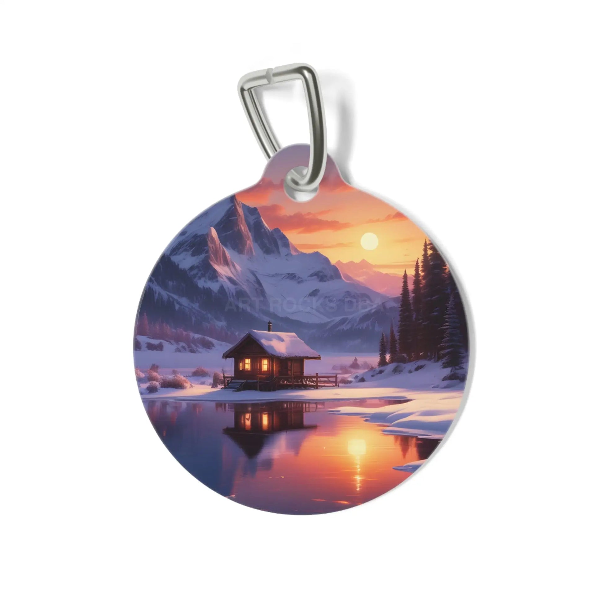 Scenic Mountain Cabin Pet Tag — Sunset Lake Reflection Dog ID Tag - 1’’ - Pets