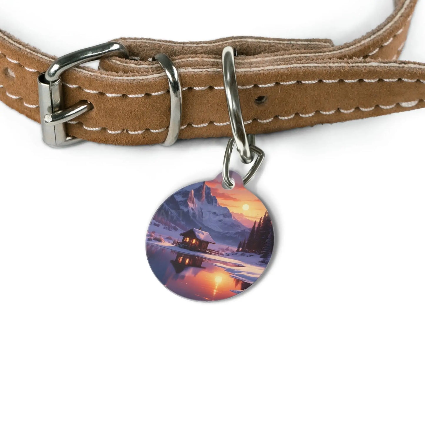 Scenic Mountain Cabin Pet Tag — Sunset Lake Reflection Dog ID Tag - 1’’ - Pets