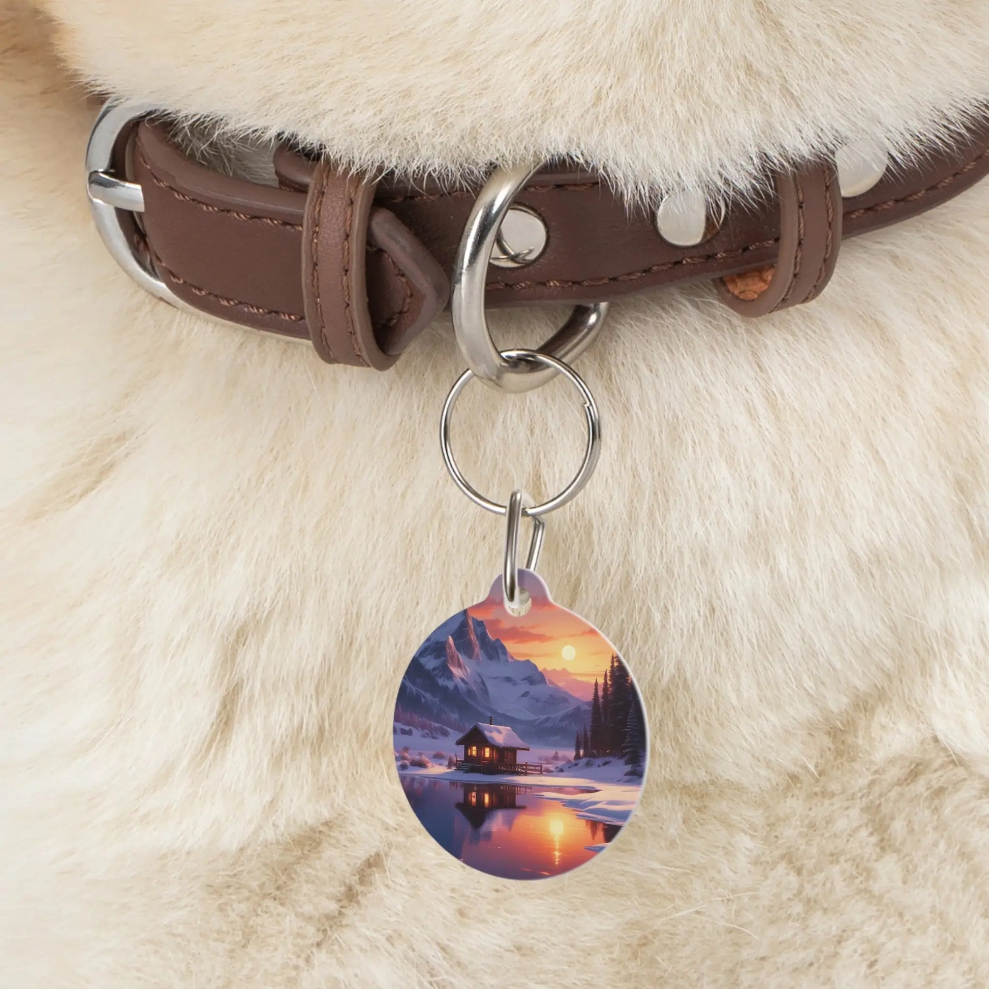 Scenic Mountain Cabin Pet Tag — Sunset Lake Reflection Dog ID Tag - 1’’ - Pets