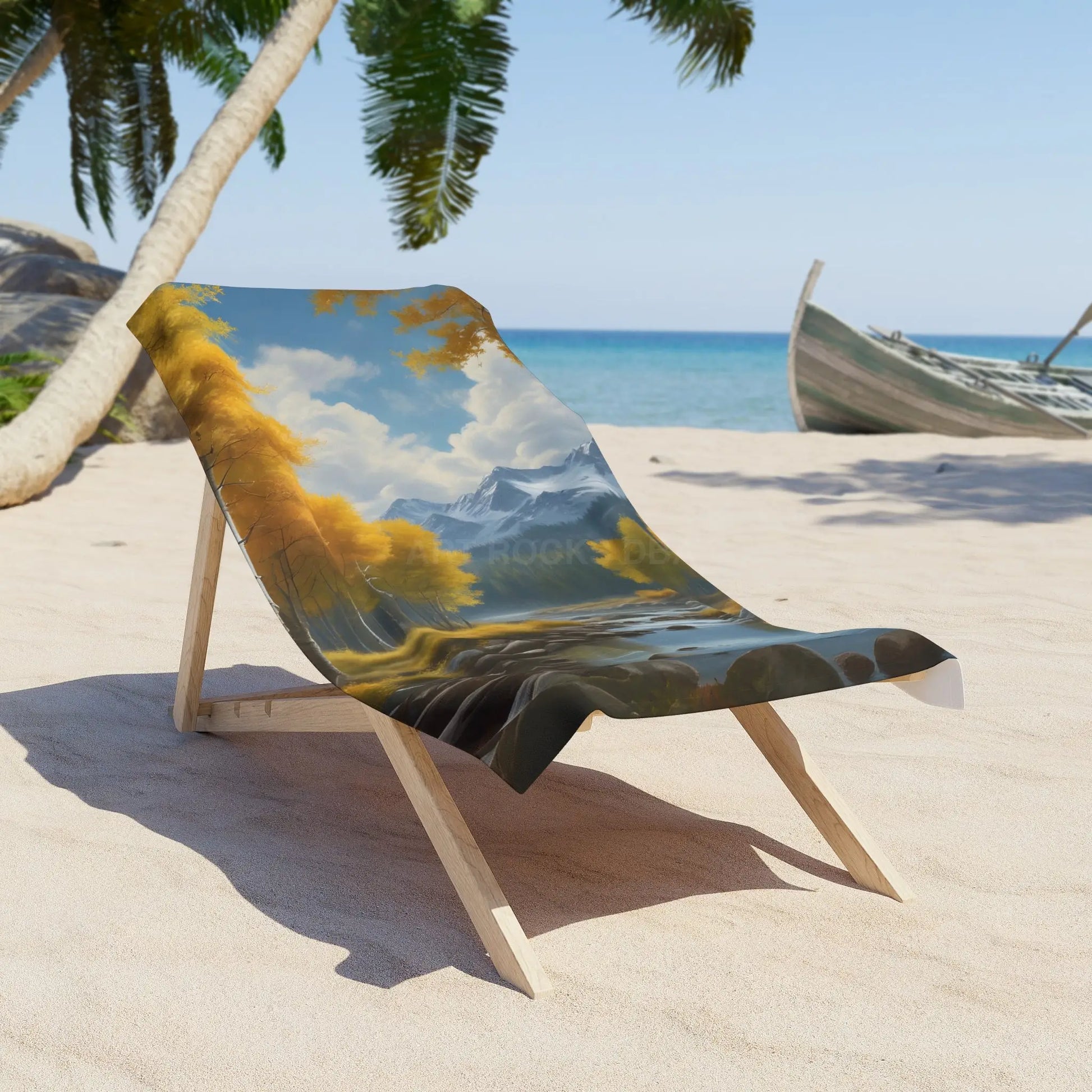 Scenic Mountain Lake Beach Towel — Autumn Trees River & Peaks - 30’’ × 60’’ - Home Decor