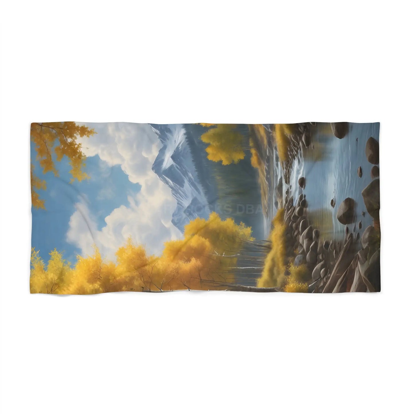 Scenic Mountain Lake Beach Towel — Autumn Trees River & Peaks - Home Decor