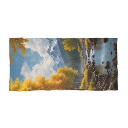 Scenic Mountain Lake Beach Towel — Autumn Trees River & Peaks - Home Decor