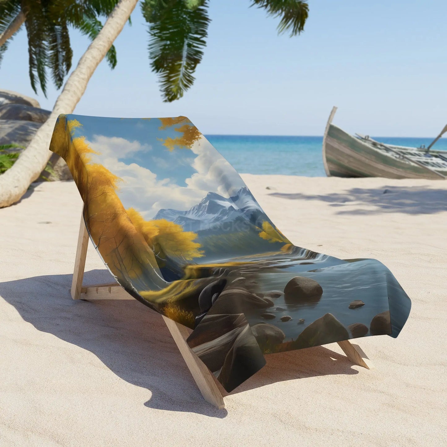 Scenic Mountain Lake Beach Towel — Autumn Trees River & Peaks - Home Decor