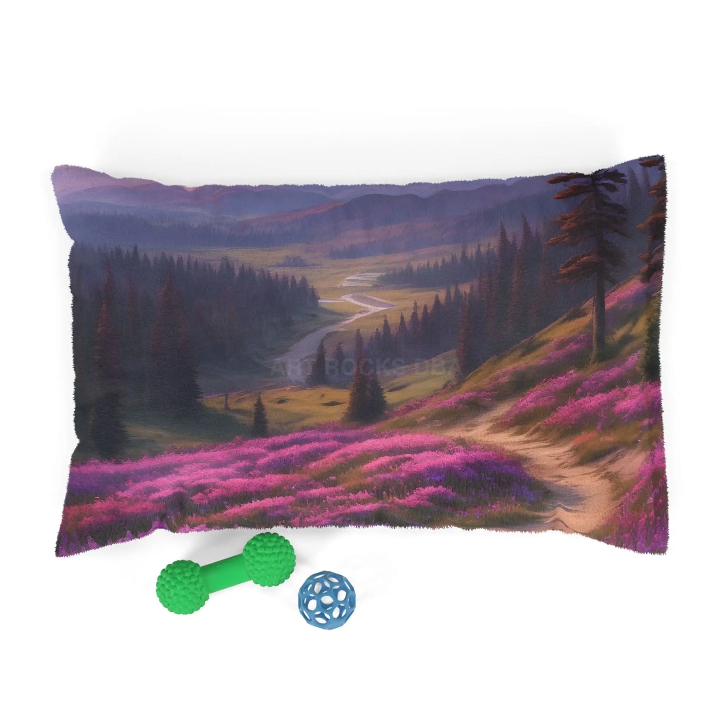 Scenic Mountain Meadow Pet Bed — Purple Wildflower Valley - 28’’ × 18’’ - Pets