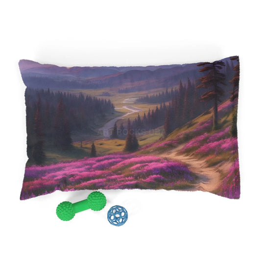 Scenic Mountain Meadow Pet Bed — Purple Wildflower Valley - 28’’ × 18’’ - Pets
