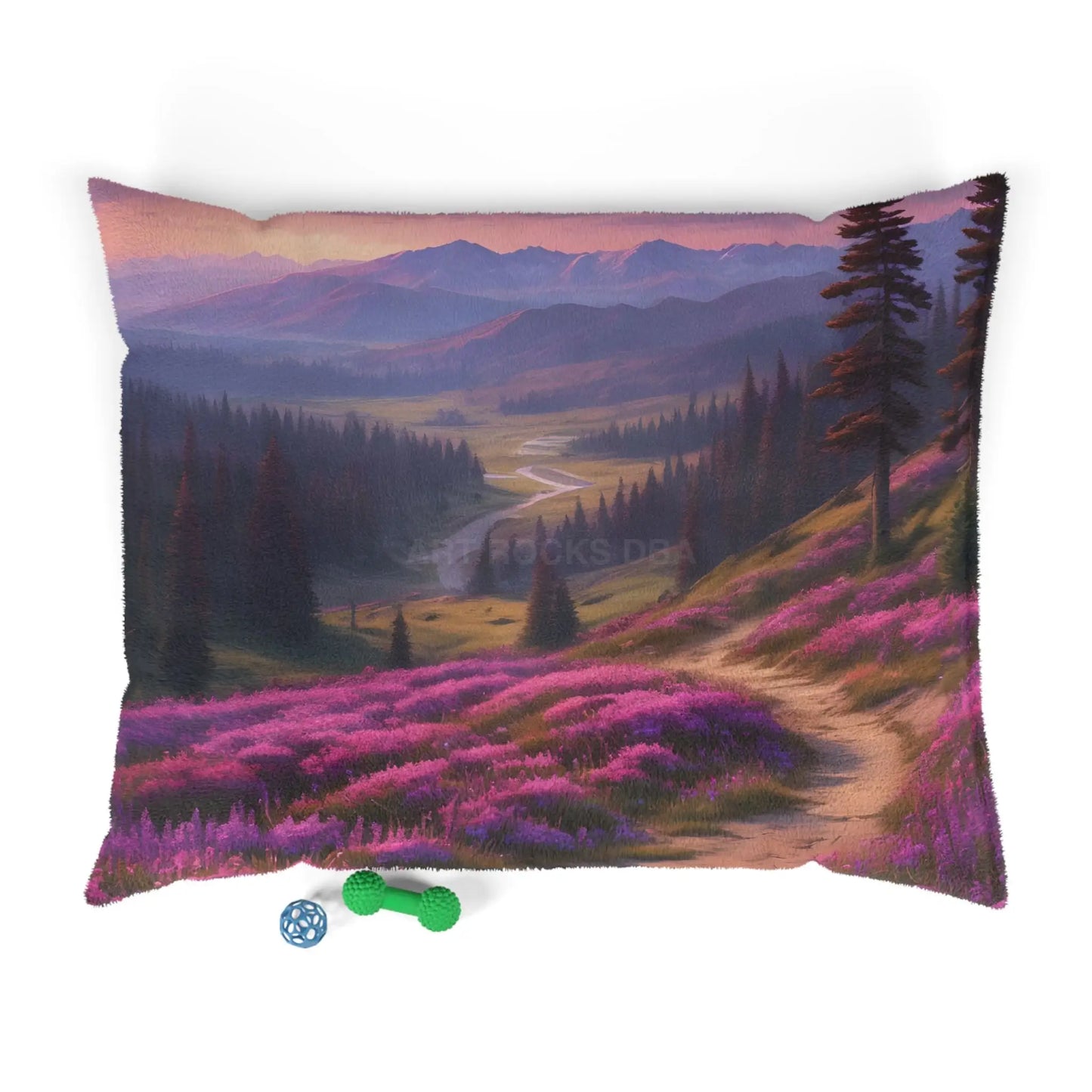 Scenic Mountain Meadow Pet Bed — Purple Wildflower Valley - 50’’ × 40’’ - Pets