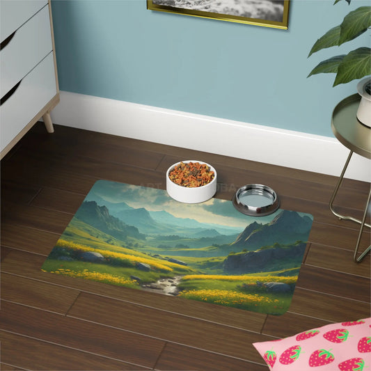 Scenic Mountain Meadow Pet Food Mat (12x18) — Waterproof Food & Water Placemat for Dogs & Cats - 12’’ × 18’’