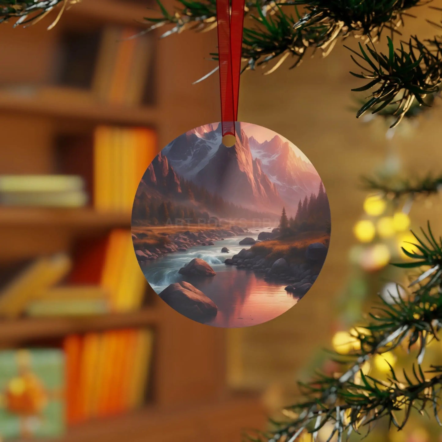 Scenic Mountain River Metal Ornament — Holiday Decoration - Home Decor