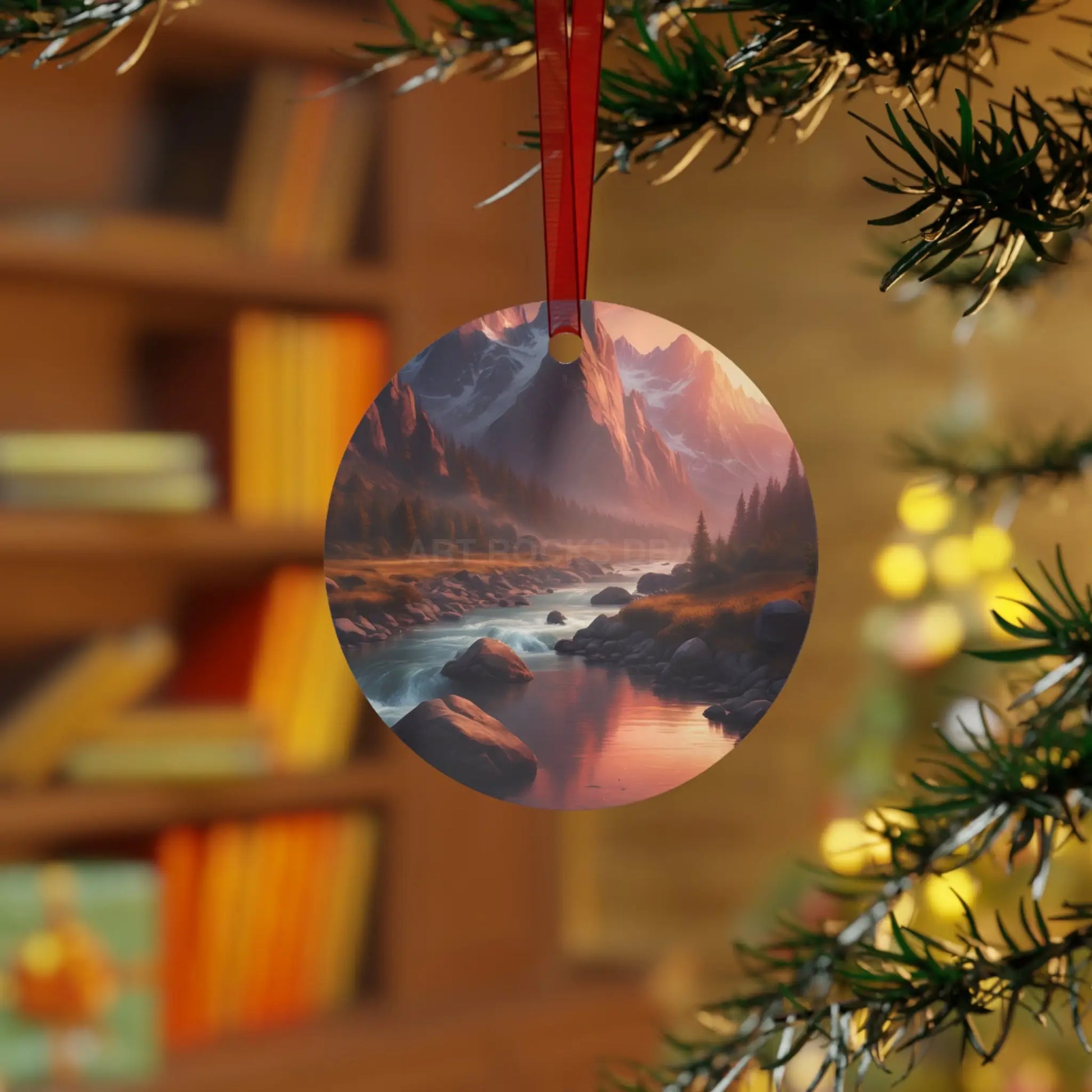 Scenic Mountain River Metal Ornament — Holiday Decoration - Home Decor