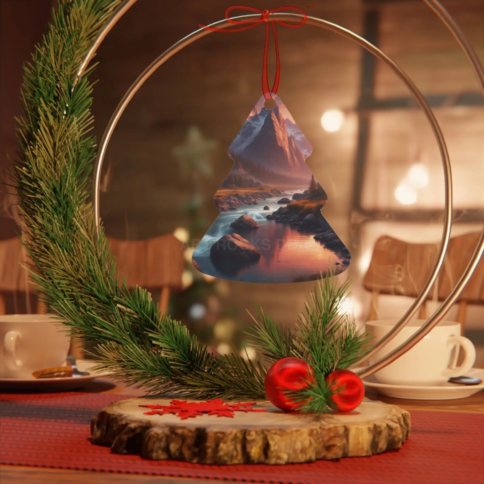 Scenic Mountain River Metal Ornament — Holiday Decoration - Home Decor