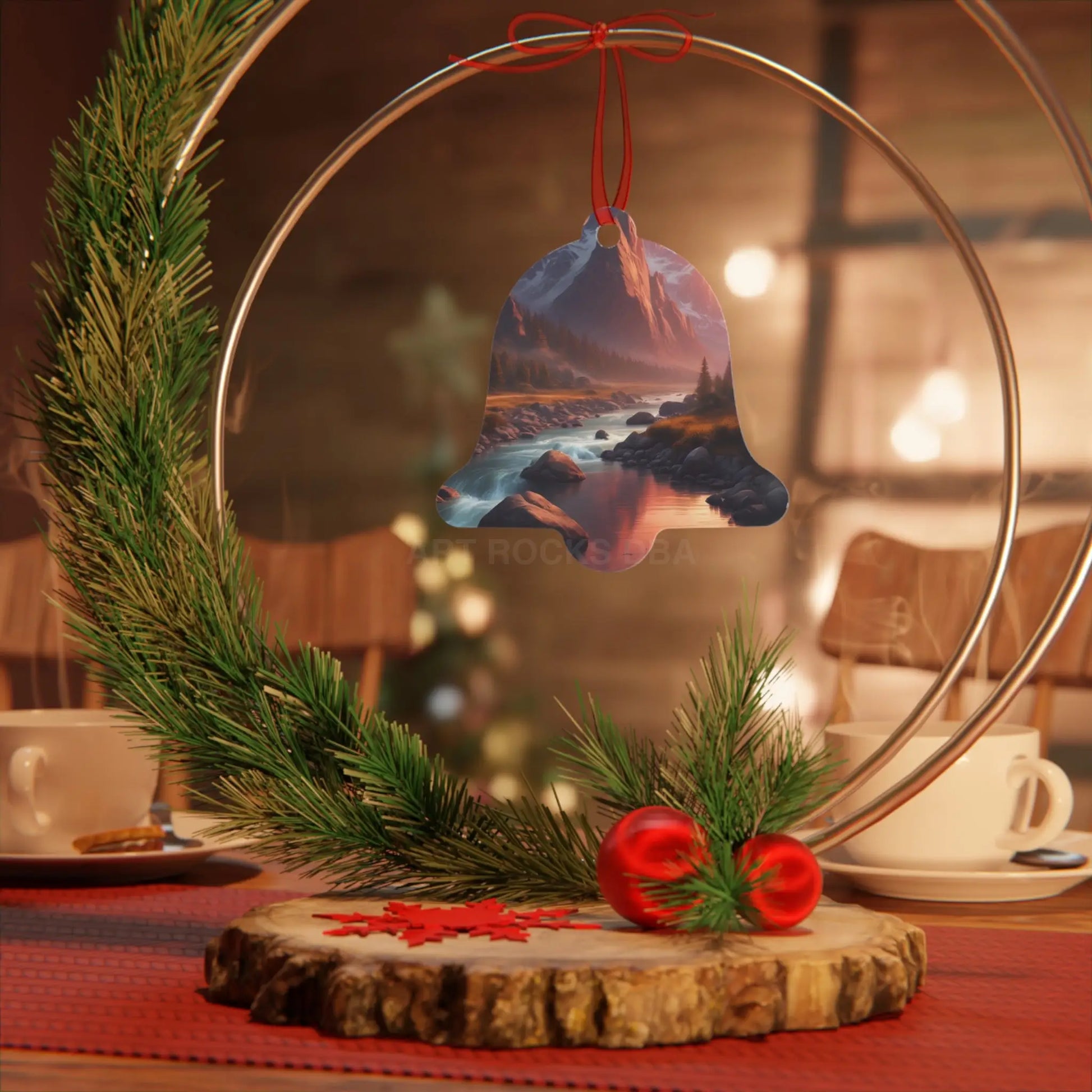 Scenic Mountain River Metal Ornament — Holiday Decoration - Home Decor