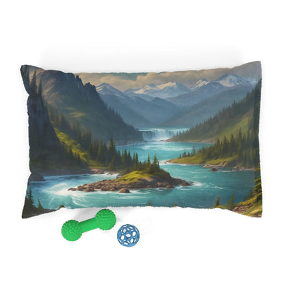 Scenic Mountain River Pet Bed — Plush Outdoor Landscape Dog Bed - 28’’ × 18’’ - Pets
