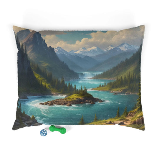 Scenic Mountain River Pet Bed — Plush Outdoor Landscape Dog Bed - 50’’ × 40’’ - Pets