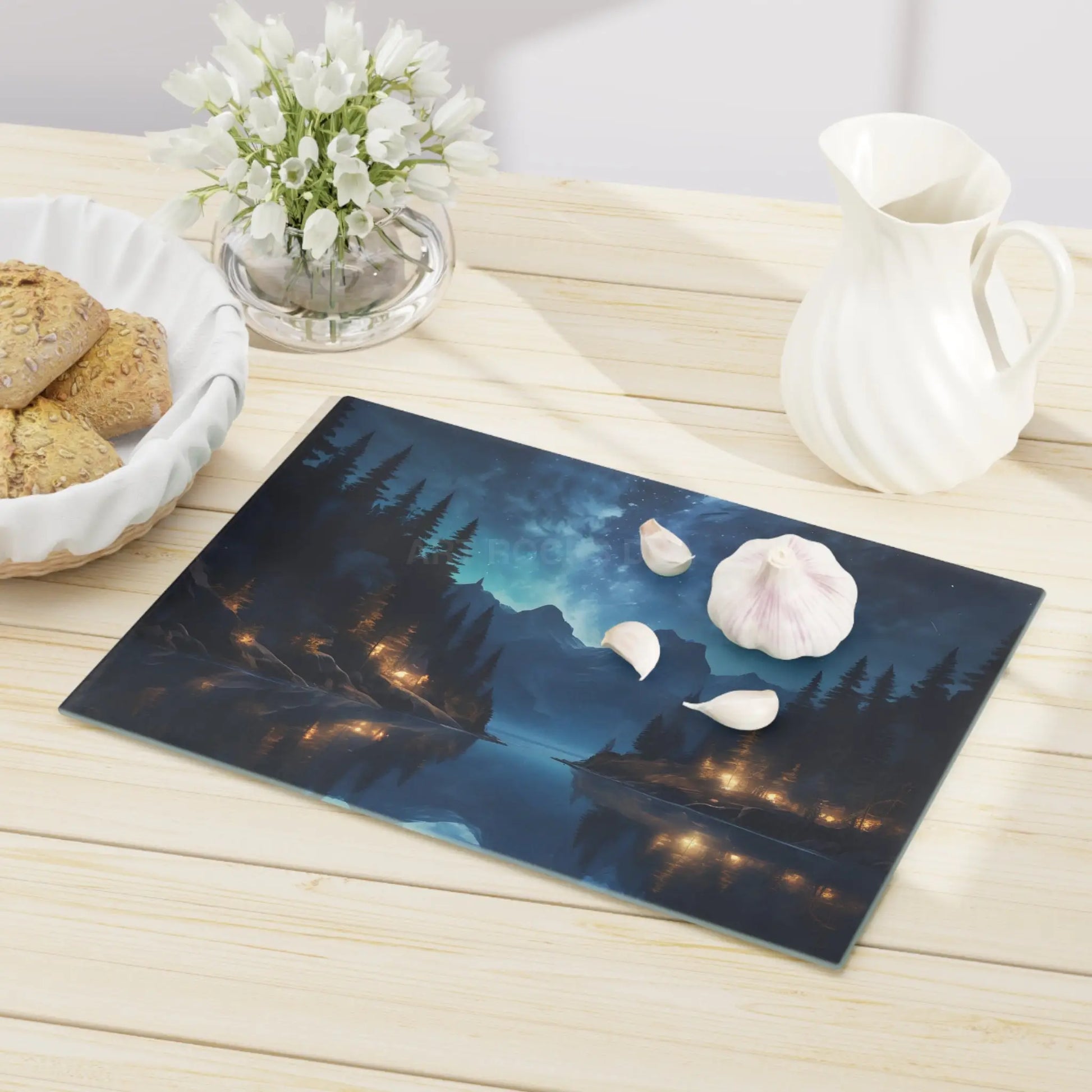 Scenic Night Lake Cutting Board – Starry Mountain Landscape Kitchen Decor - Home Decor
