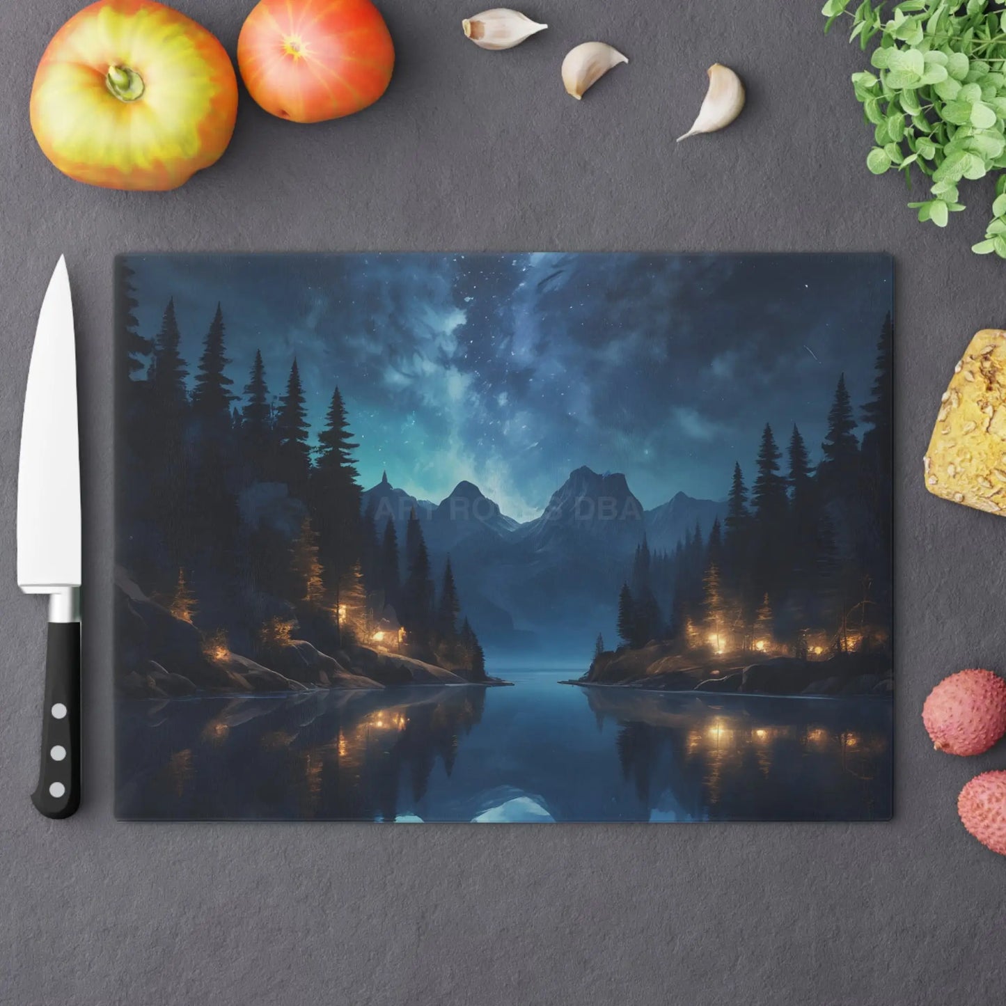 Scenic Night Lake Cutting Board – Starry Mountain Landscape Kitchen Decor - Large - Home Decor