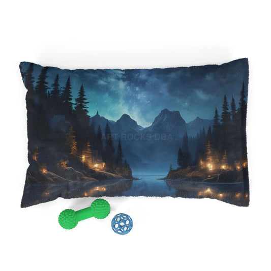 Scenic Night Lake Pet Bed — Cozy Mountain Forest Print for Dogs & Cats - 28’’ × 18’’ - Pets