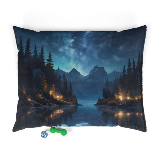 Scenic Night Lake Pet Bed — Cozy Mountain Forest Print for Dogs & Cats - 50’’ × 40’’ - Pets