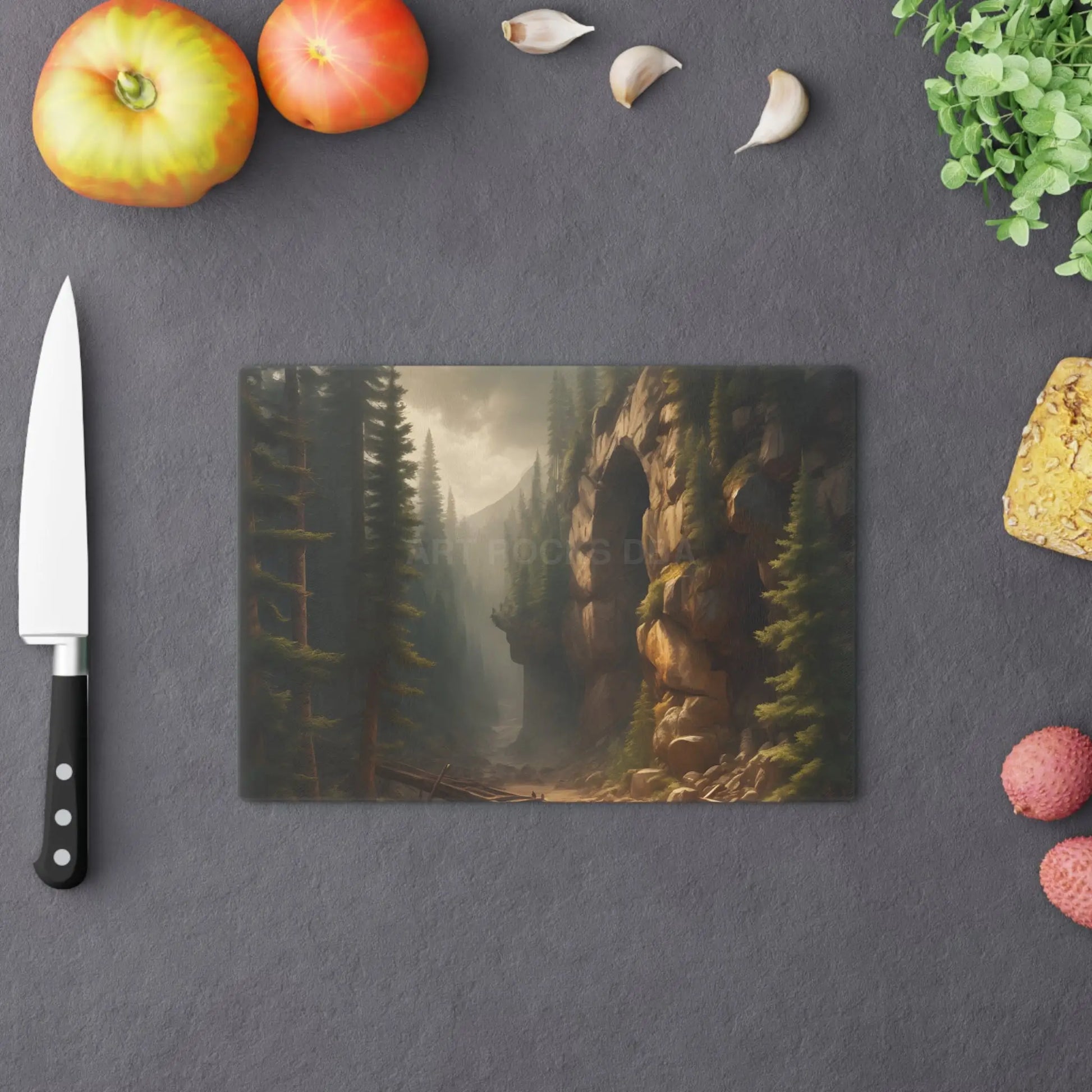 Scenic Pine Canyon Tunnel Cutting Board — Wilderness Landscape Glass Chopping Board - Home Decor