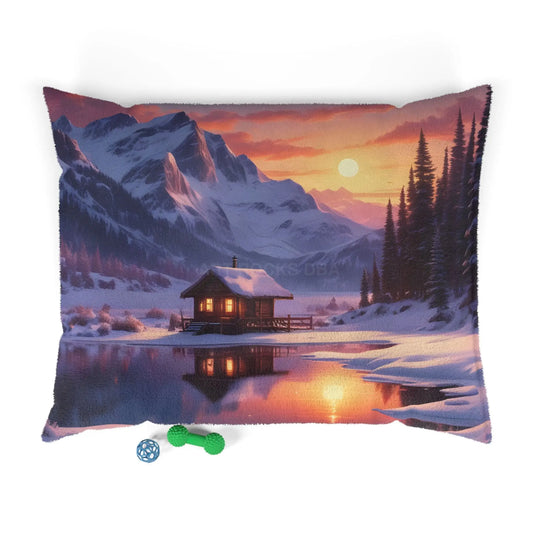 Scenic Snowy Cabin Sunset Pet Bed - 50’’ × 40’’ - Pets