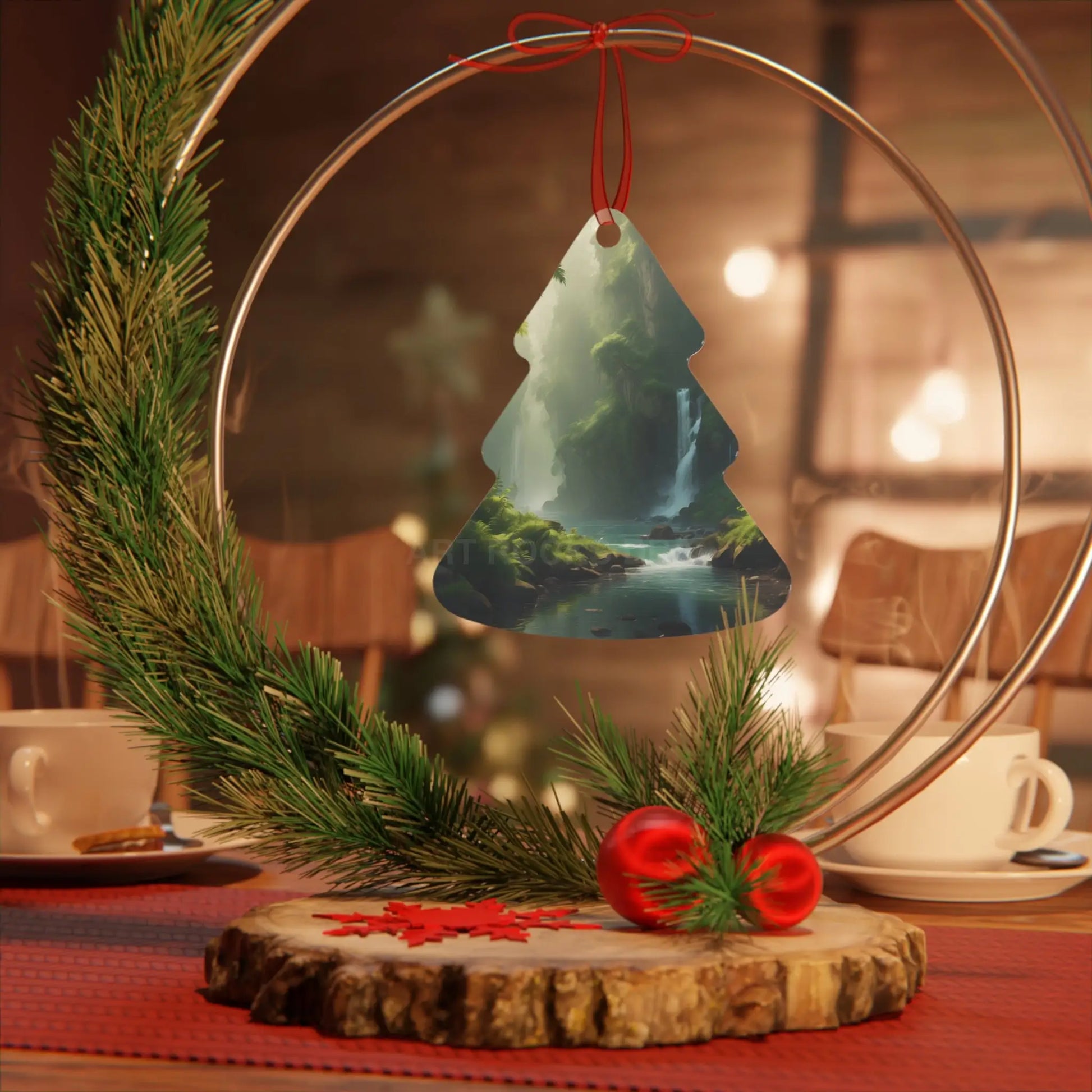 Scenic Waterfall Forest Metal Ornament - Home Decor