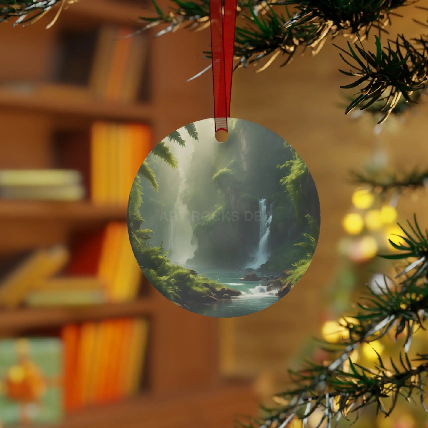 Scenic Waterfall Forest Metal Ornament - Home Decor