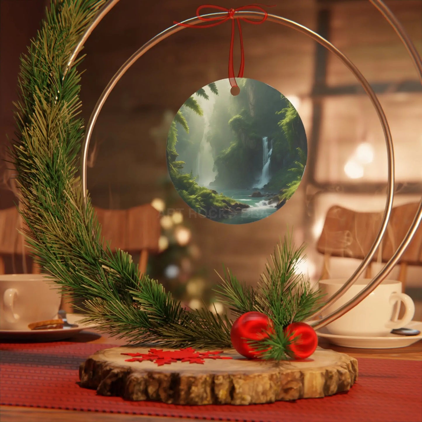 Scenic Waterfall Forest Metal Ornament - Home Decor