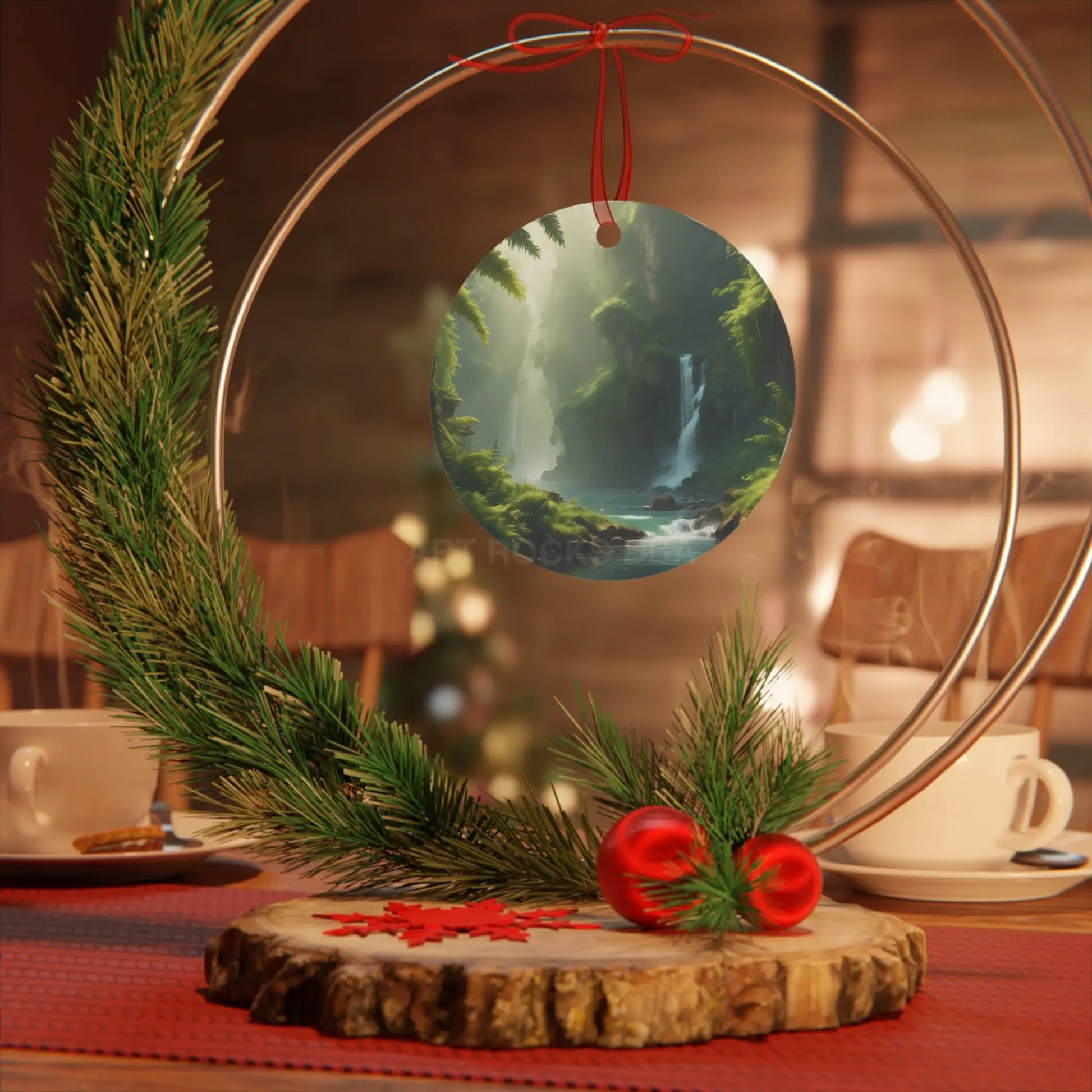 Scenic Waterfall Forest Metal Ornament - Home Decor