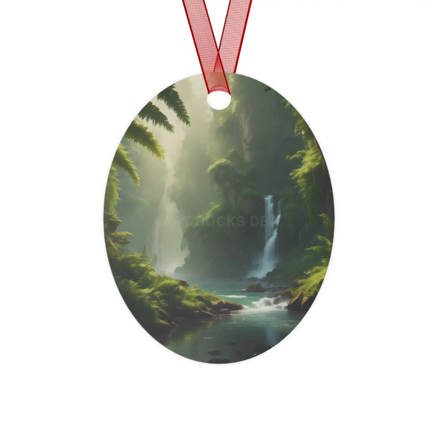 Scenic Waterfall Forest Metal Ornament - Oval / One Size - Home Decor