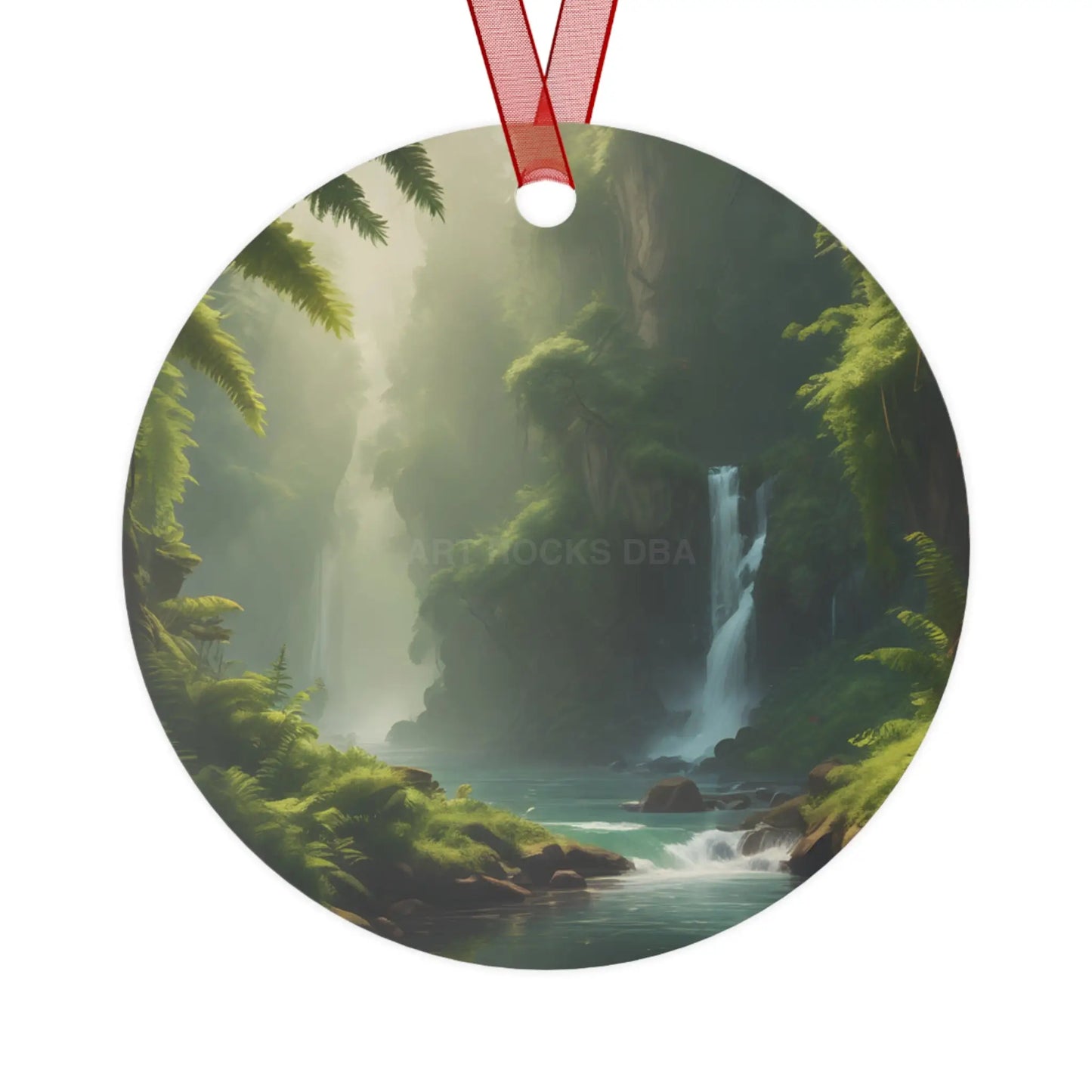 Scenic Waterfall Forest Metal Ornament - Round / One Size - Home Decor