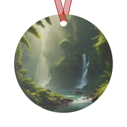 Scenic Waterfall Forest Metal Ornament - Round / One Size - Home Decor